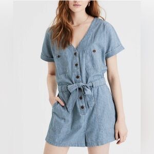 AE Tie Front Utility Romper blue white stripe Size Small
